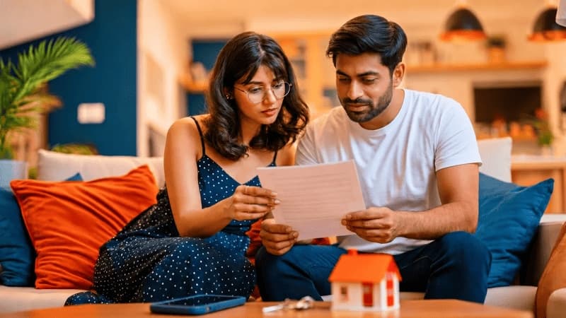 Casal revisando documento em uma sala