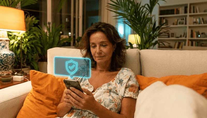 Imagem de mulher consultando o celular em casa