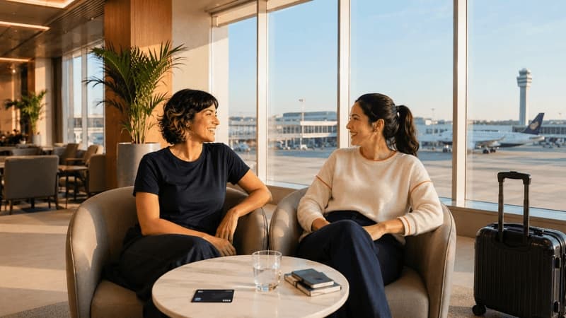 Imagem de duas mulheres sentadas em uma sala de espera de um aeroporto