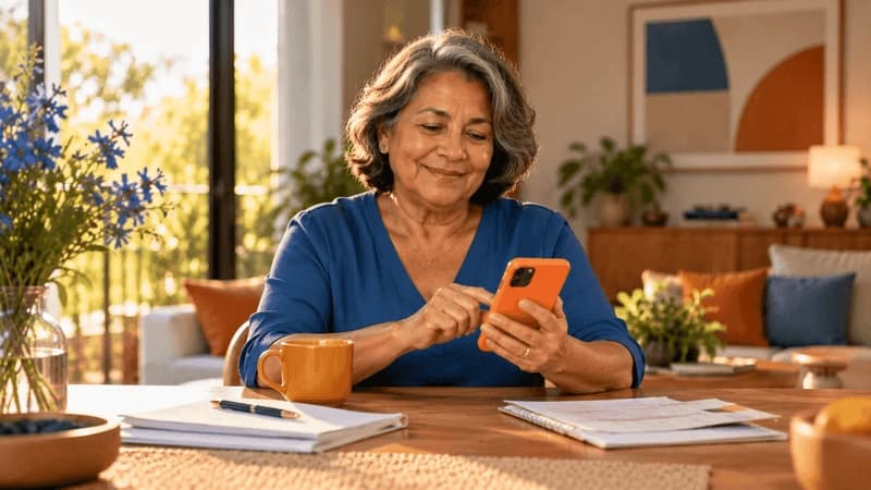 Imagem e uma mulher idosa mexendo no celular