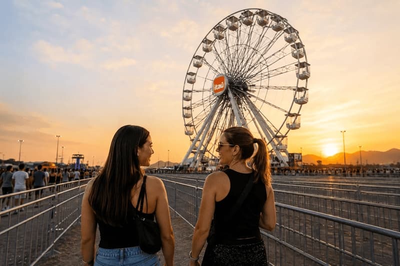 Imagem de duas mulheres chegando ao Rock in Rio