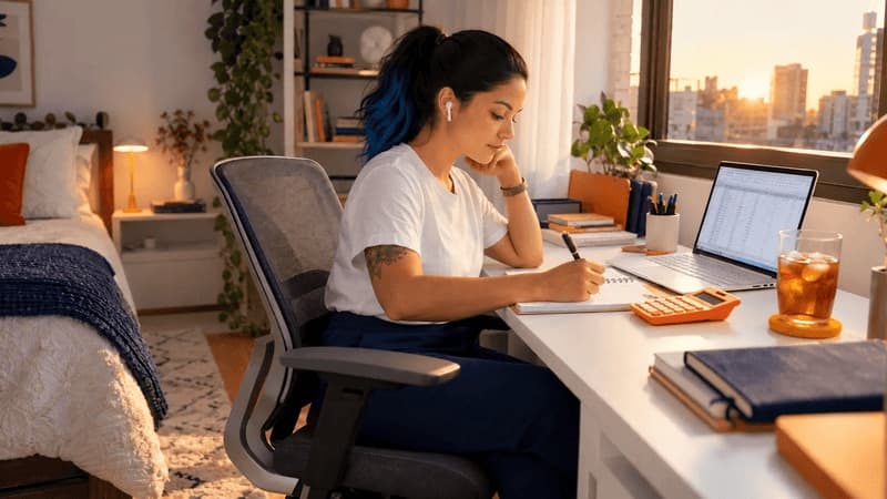 Imagem de uma mulher organizando as contas em frente a um computador
