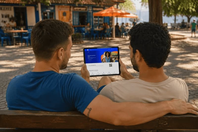imagem de dois homens vendo o site do Itaú Emps em um tablet