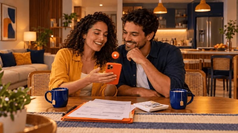 Imagem de um casal fazendo consultas em um celular