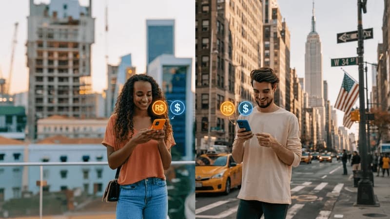 Imagem de duas pessoas em diferentes cidades mexendo no celular