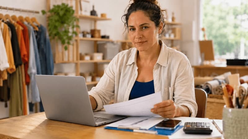 Empreendedora olhando para câmera em uma confecção