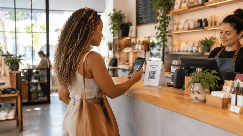 Imagem de uma mulher lendo um QR code com o celular em um café