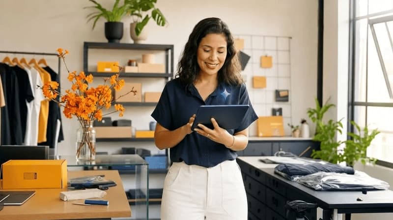 Imagem de uma mulher em uma loja usando um tablet