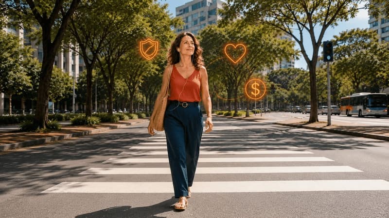 Imagem de mulher atravessando a rua