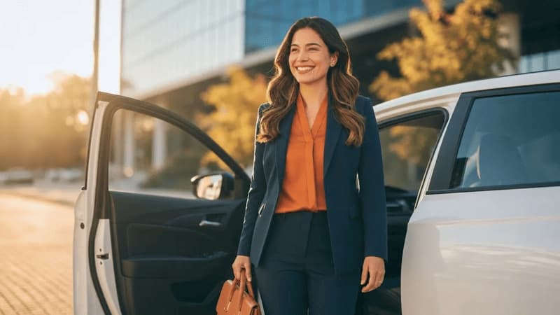 Imagem de uma mulher ao lado de um carro