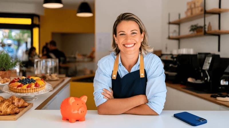Imagem de uma mulher no balcão e um café