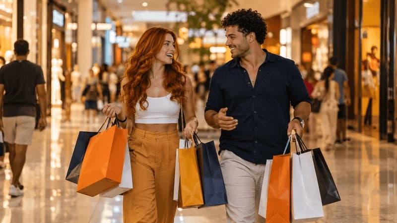 Imagem de um casal fazendo compras em um shopping