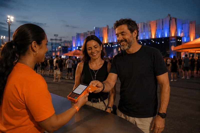 Casal fazendo uma compra na Laranjinha durante o Rock in Rio