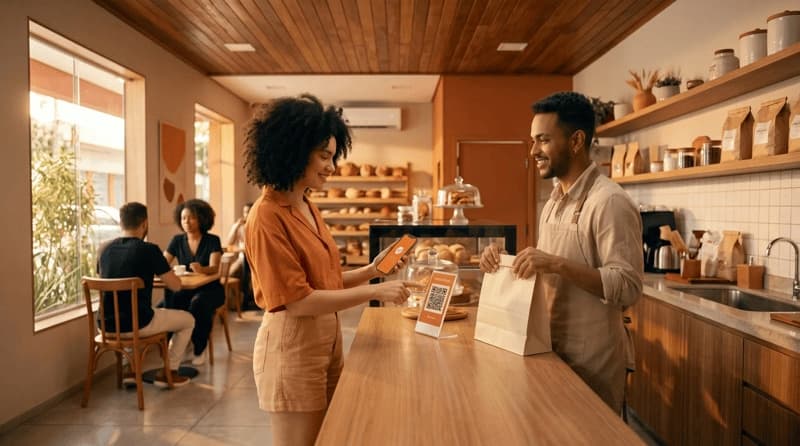 Imagem de uma mulher pagando uma compra com pix em um café