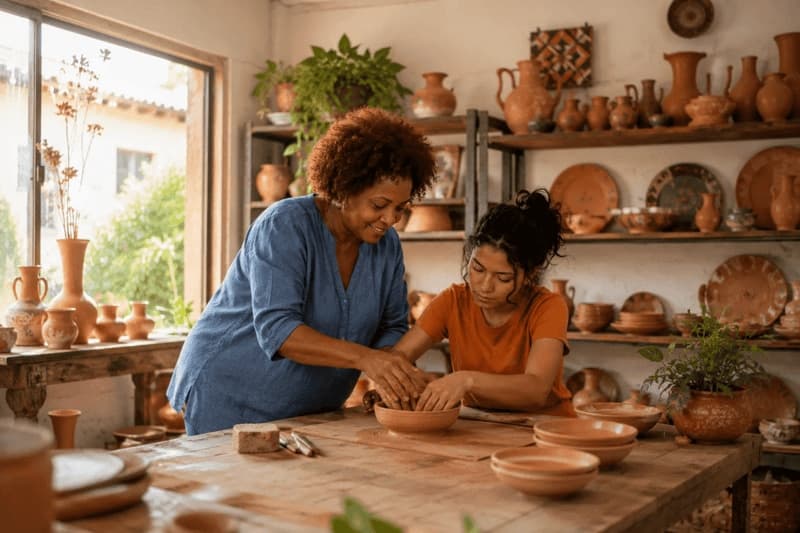 Imagem e duas mulheres em um ateliê