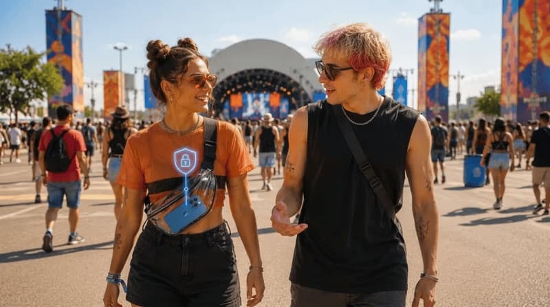 Casal anda em dia ensolarado no Rock in Rio