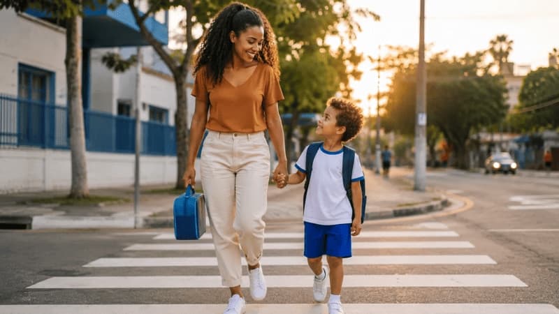 Imagem de uma mãe e um filho a caminho da escola