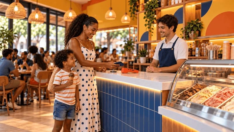 Imagem e uma mãe com uma criança pagando um sorvete em uma sorveteria
