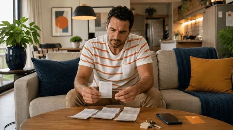 Imagem de homem analisando documentos na sala de casa