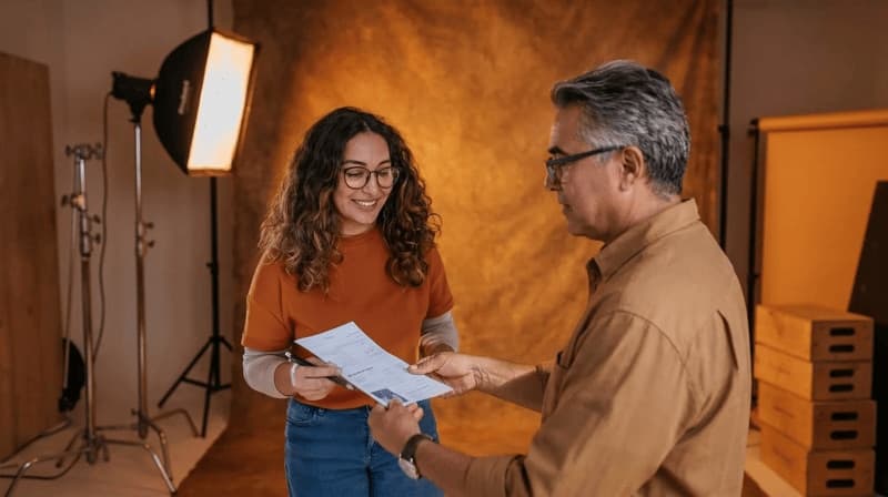 Imagem de um homem apresentando um recibo para uma mulher em um set de filmagem