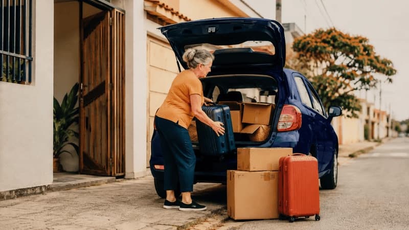 Imagem de uma mulher colocando malas em um carro