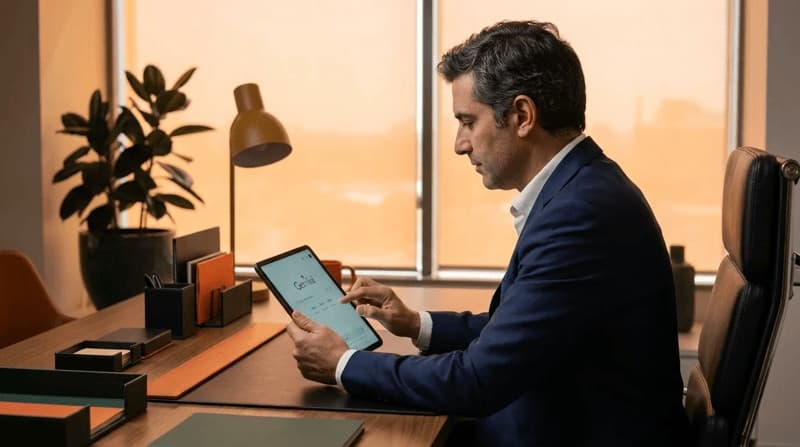 Imagem de um homem mexendo em um tablet