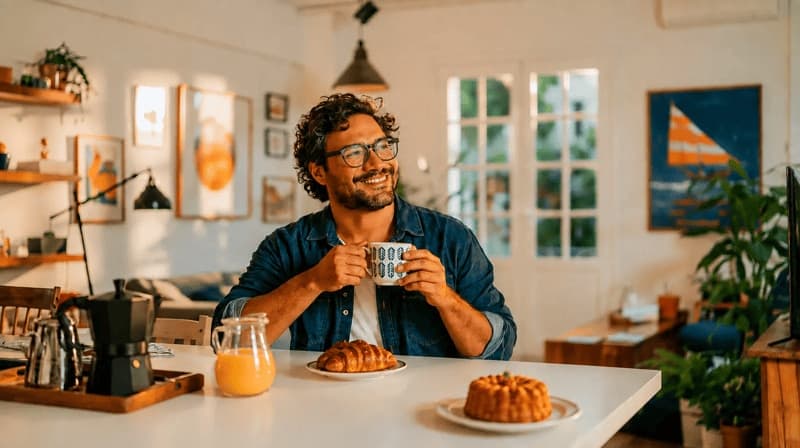 Imagem de um homem tomando café da manhã