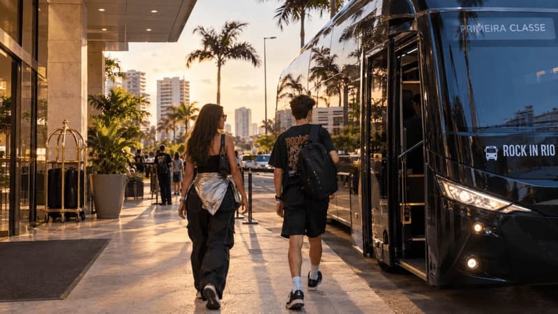 Imagem de um homem e uma mulher a caminho do Rock in Rio