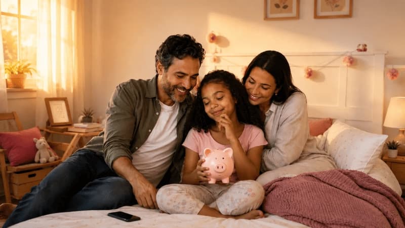 Imagem de pais com a filha e um cofrinho