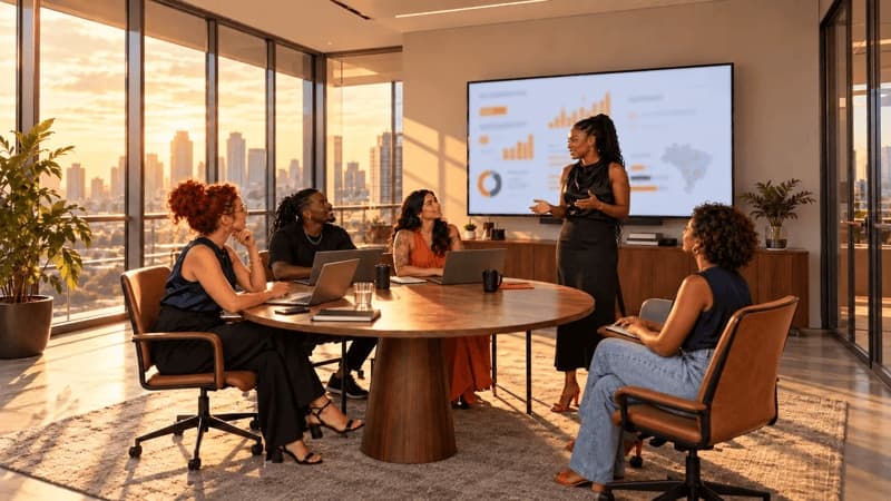 Empreendedoras em uma reunião com gráficos ao fundo