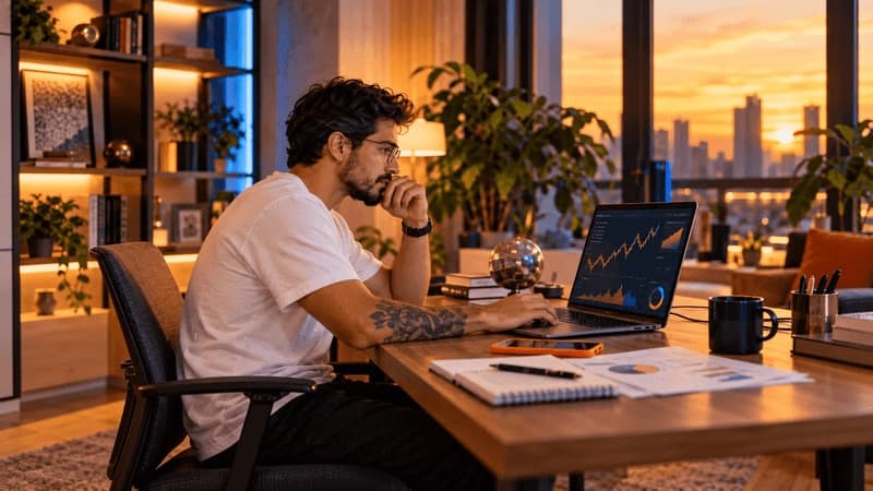 Imagem de um homem analisando investimentos em um escritório