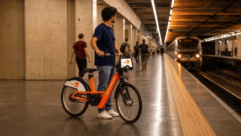 Imagem de homem com bicicleta esperando o metrô