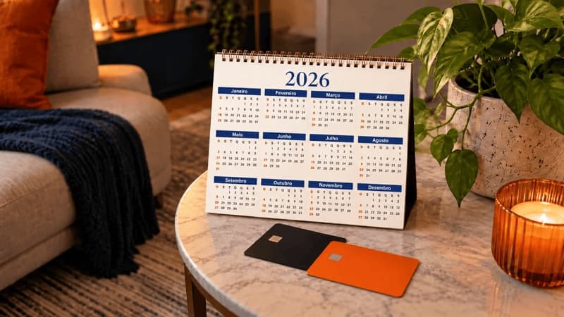 Imagem mostra calendário em cima de uma mesa e dois cartões de crédito ao lado