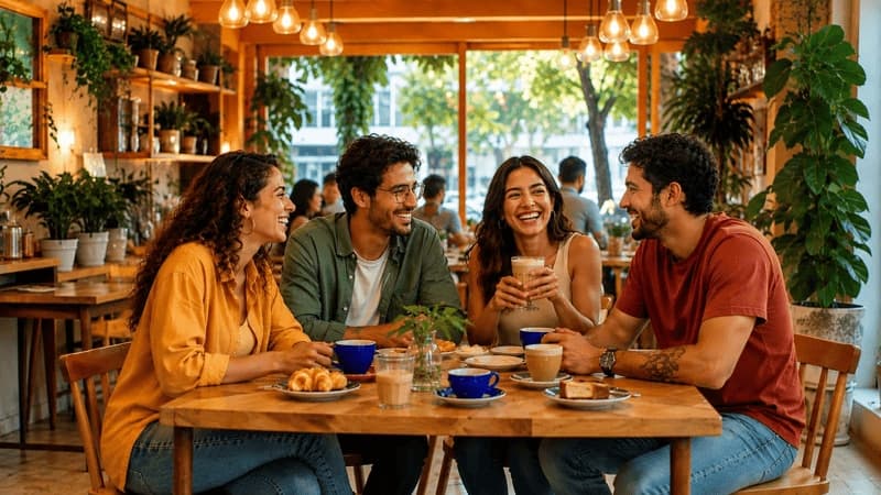 Imagem de um grupo de amigos em uma mesa de restaurante
