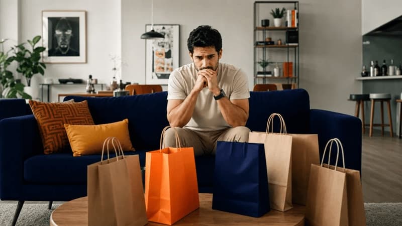 Imagem de homem reavaliando suas compras em casa