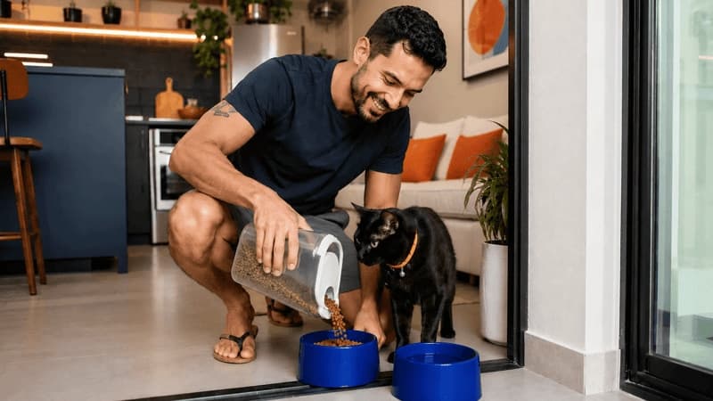 Imagem de um homem dando ração para um gato