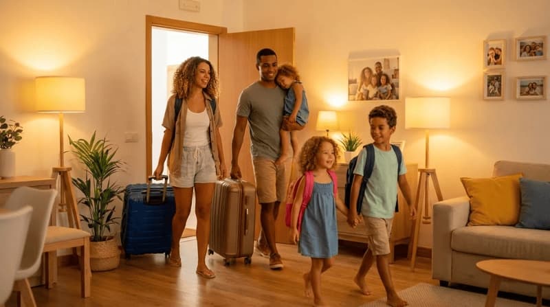 Imagem de uma família voltando para casa depois das férias