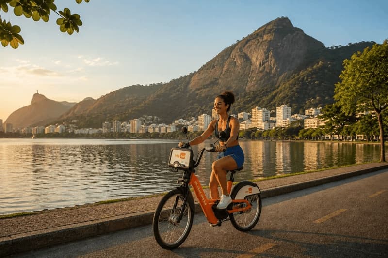Imagem de uma mulher andando de bicicleta na orla do RJ
