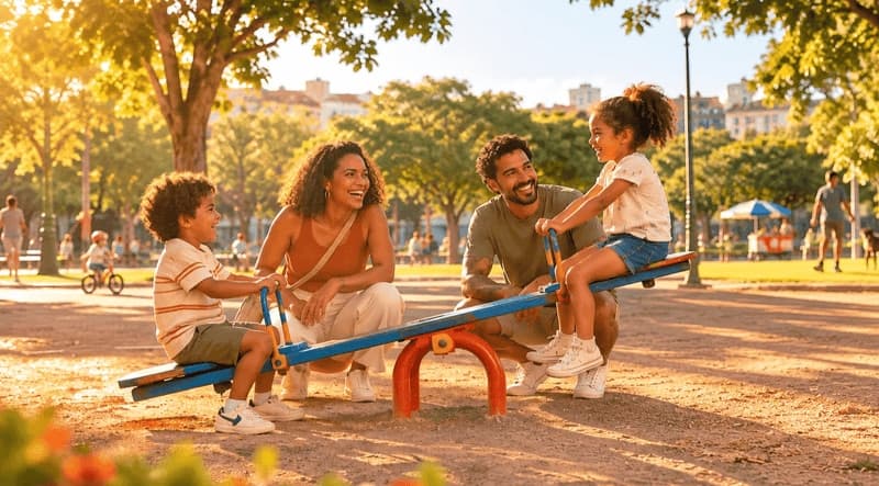 Imagem de um casal com dois filhos brincando em uma praça
