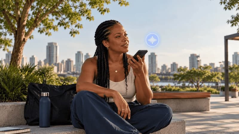 Imagem de uma mulher consultando o celular em um parque